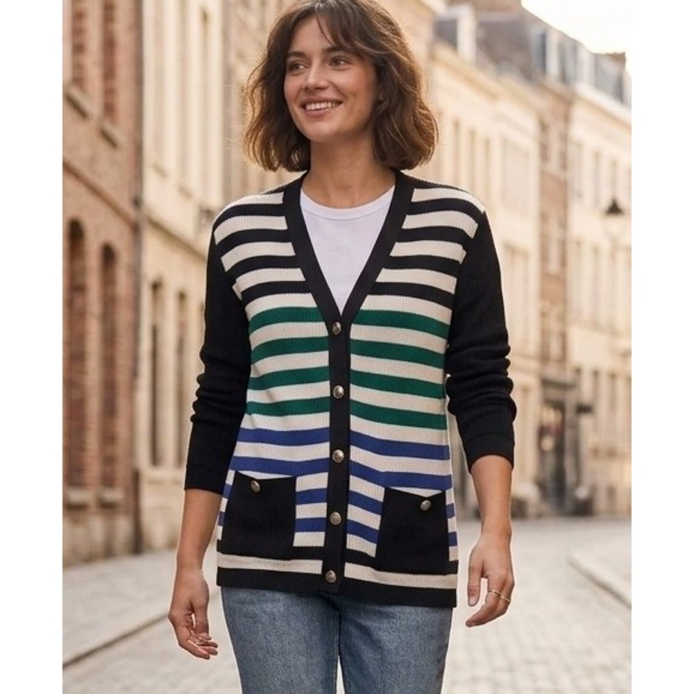 Jones‎ New York PL Striped V-Neck Cardigan Sweater Black Blue Green Preppy NEW